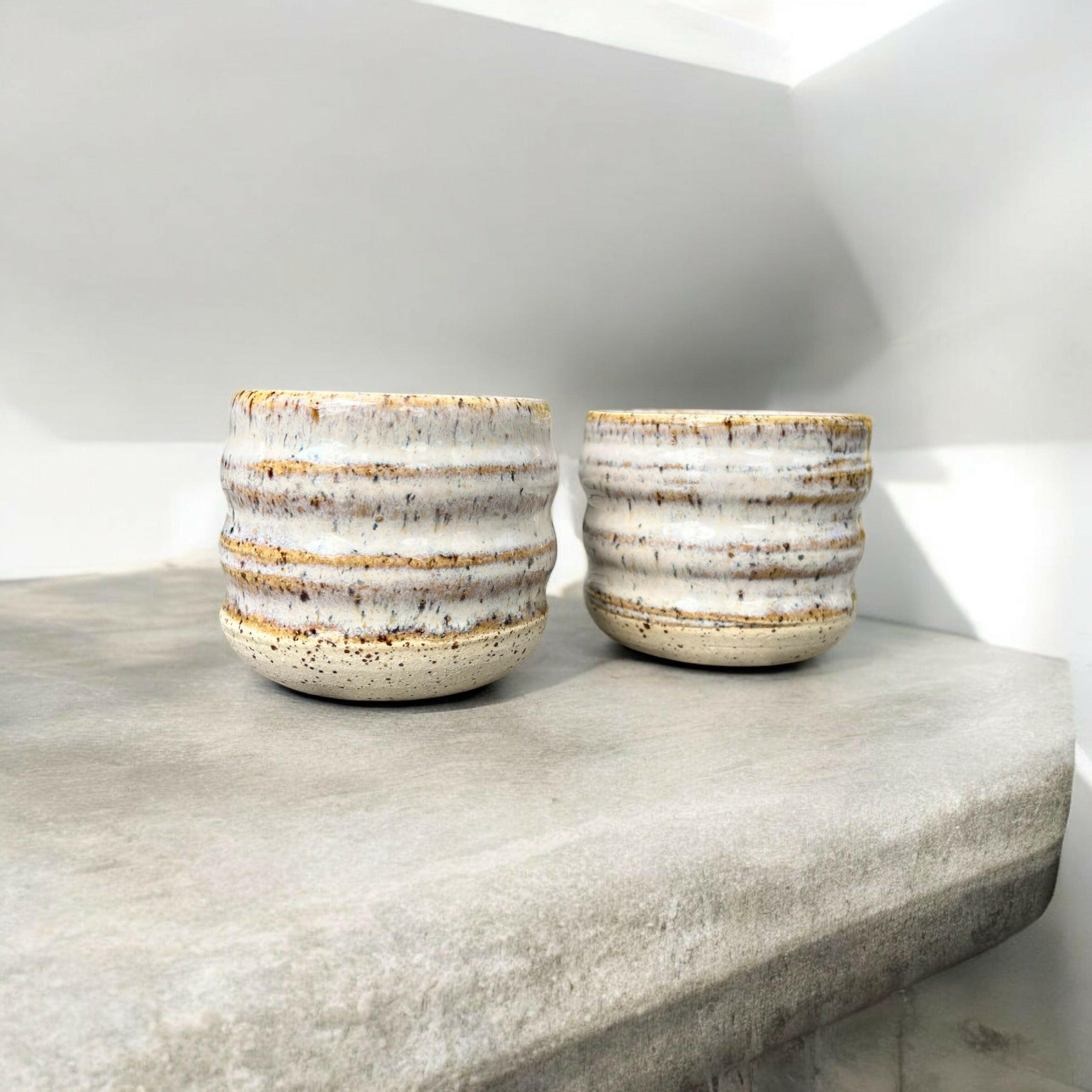 Handcrafted Rustic Stoneware Cups - Textured White Glaze, Kiln-Cured Tea Coffee Mugs, 6 oz - 170 ml Each, Dishwasher Safe, Artisan Ceramics Pair